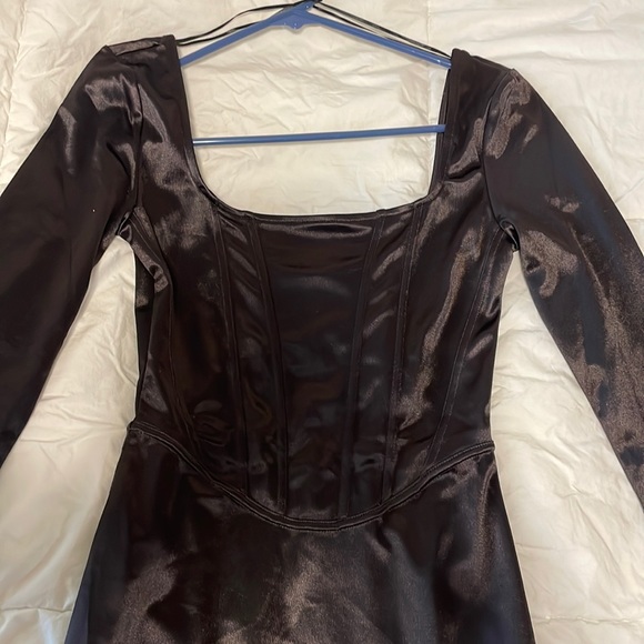 Dark brown satin H&M mini dress long sleeve body con - Picture 1 of 4